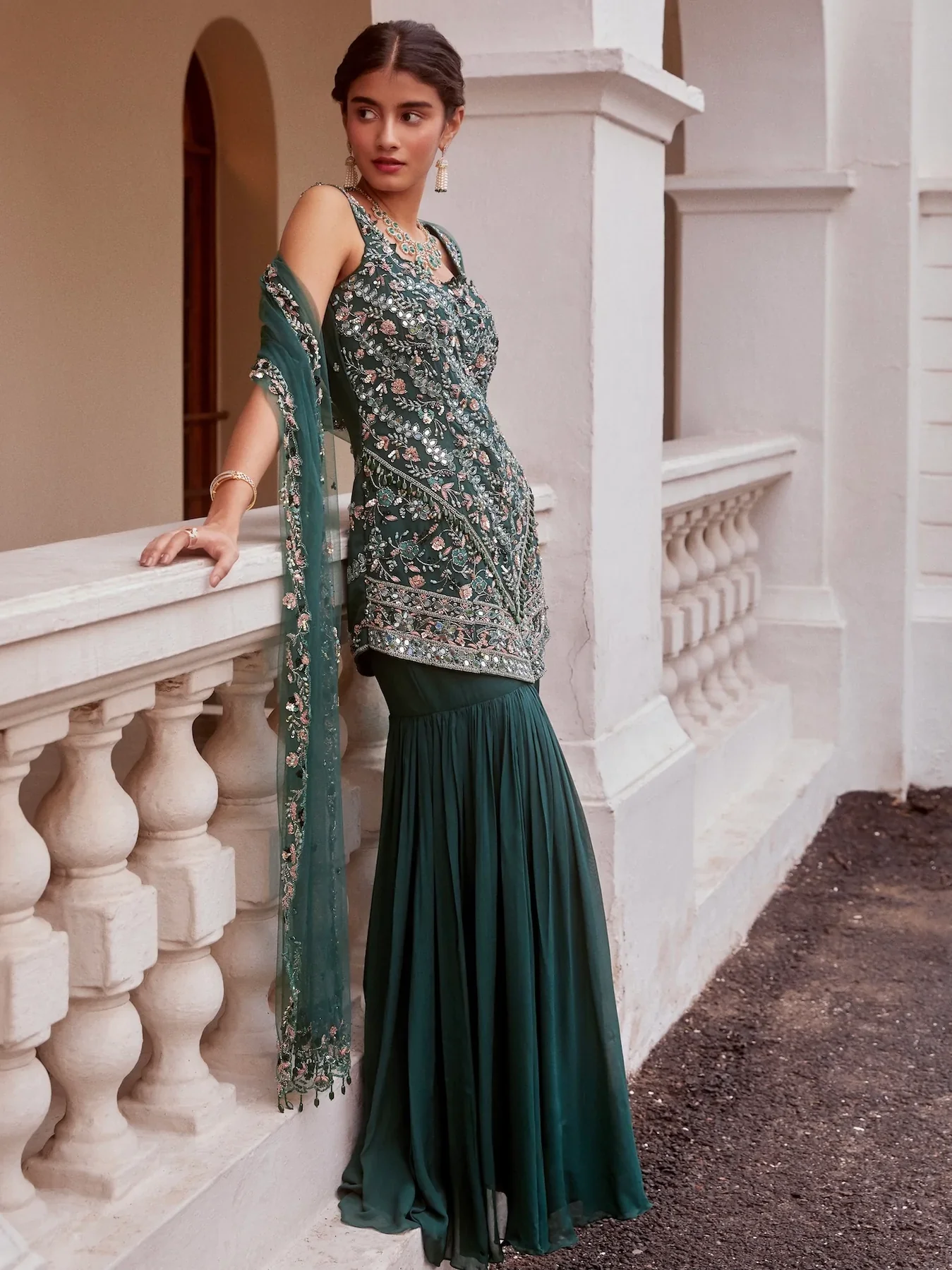 Teal Green Short Shirt With Sharara And Dupatta - Image 3