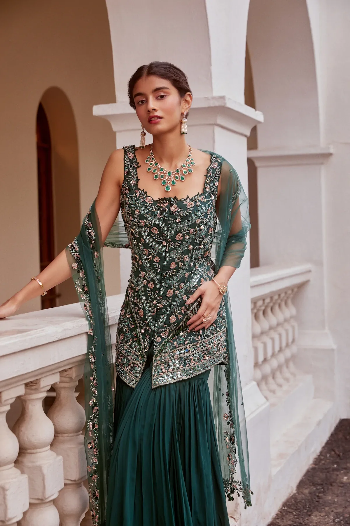 Teal Green Short Shirt With Sharara And Dupatta - Image 4