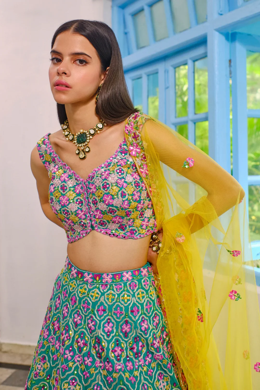 Teal Green Silk Lehenga - Image 3