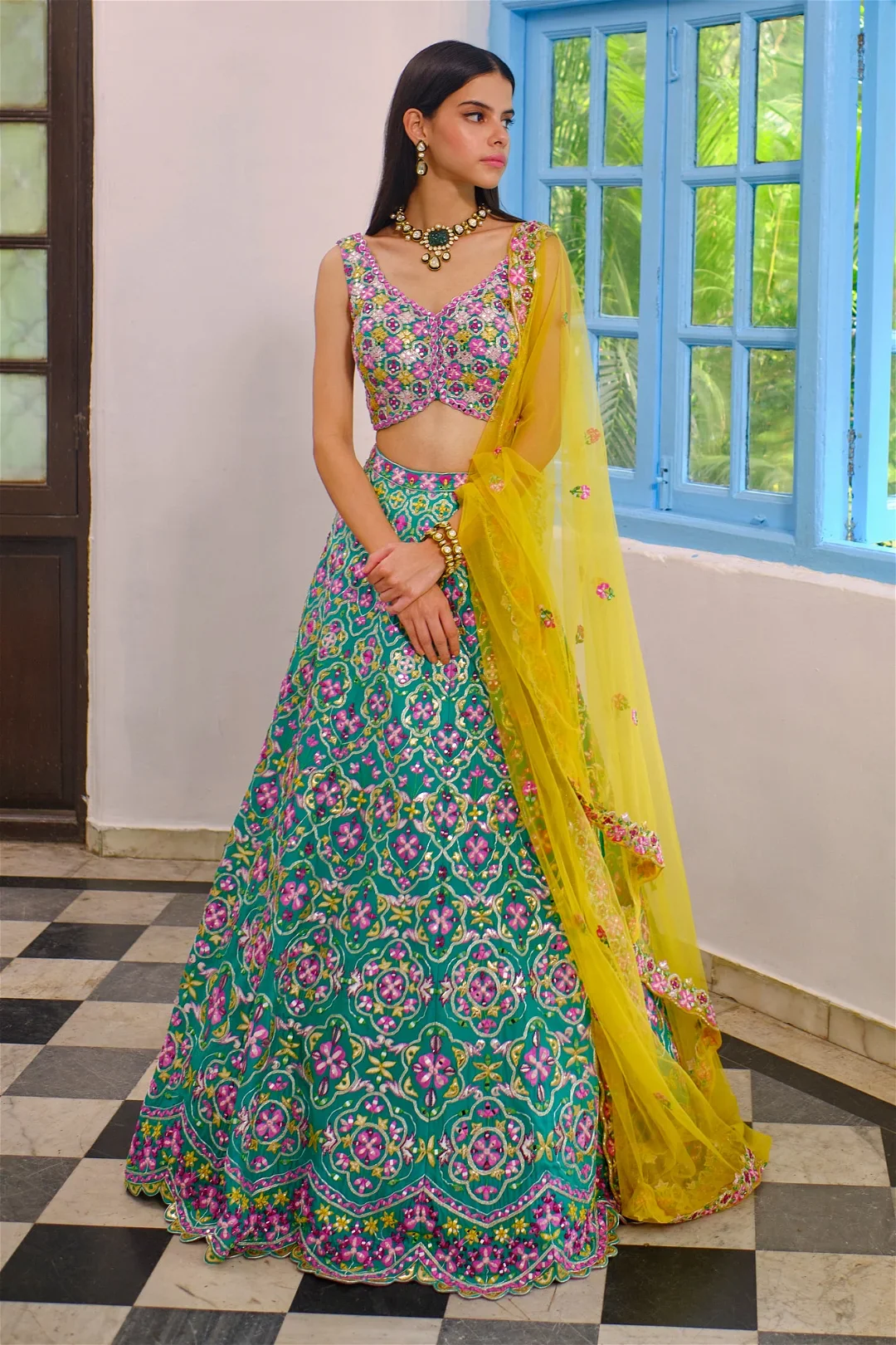 Teal Green Silk Lehenga - Image 4