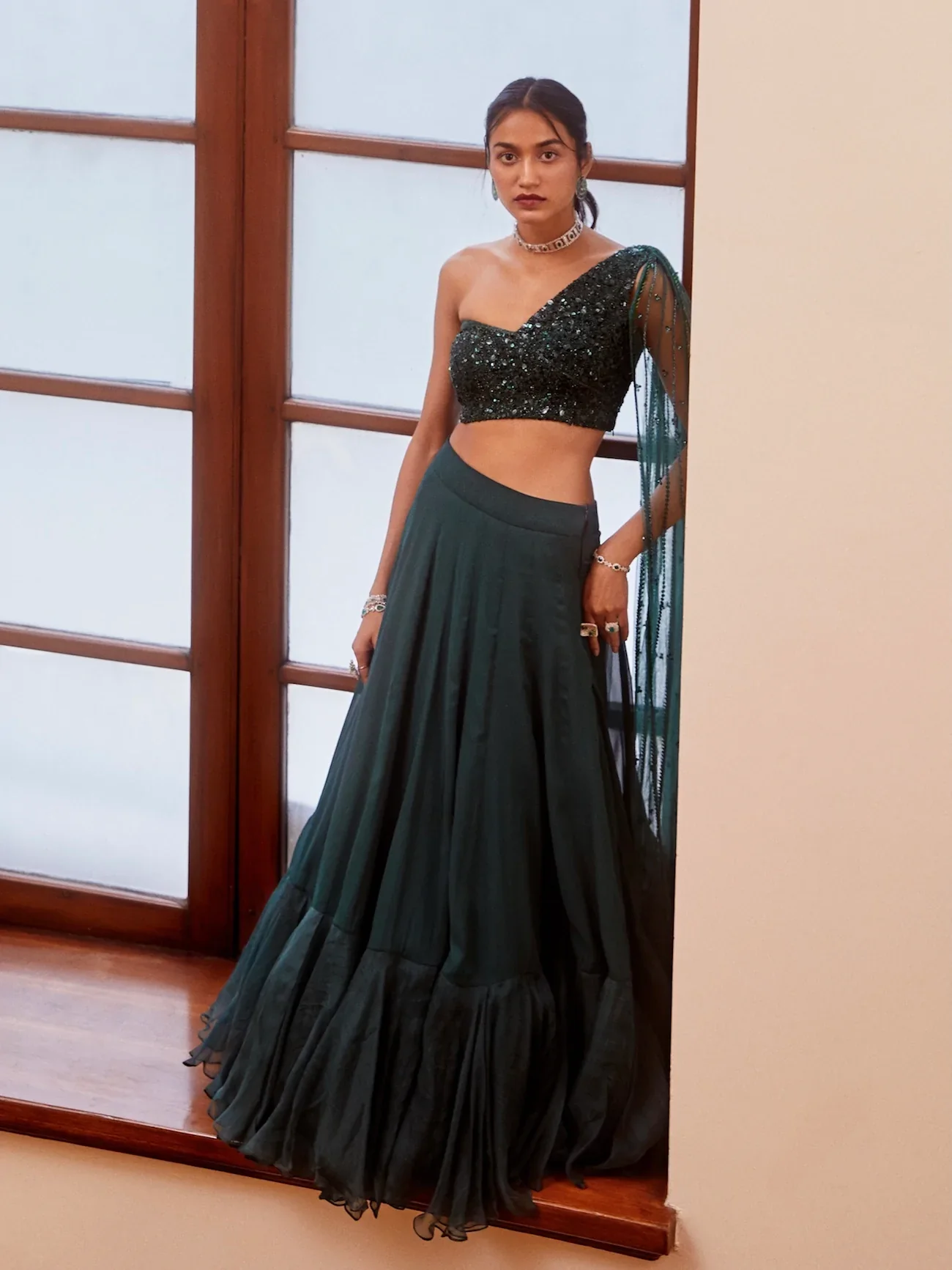 Teal Green Tonal Embroidered Blouse And Lehenga - Image 3