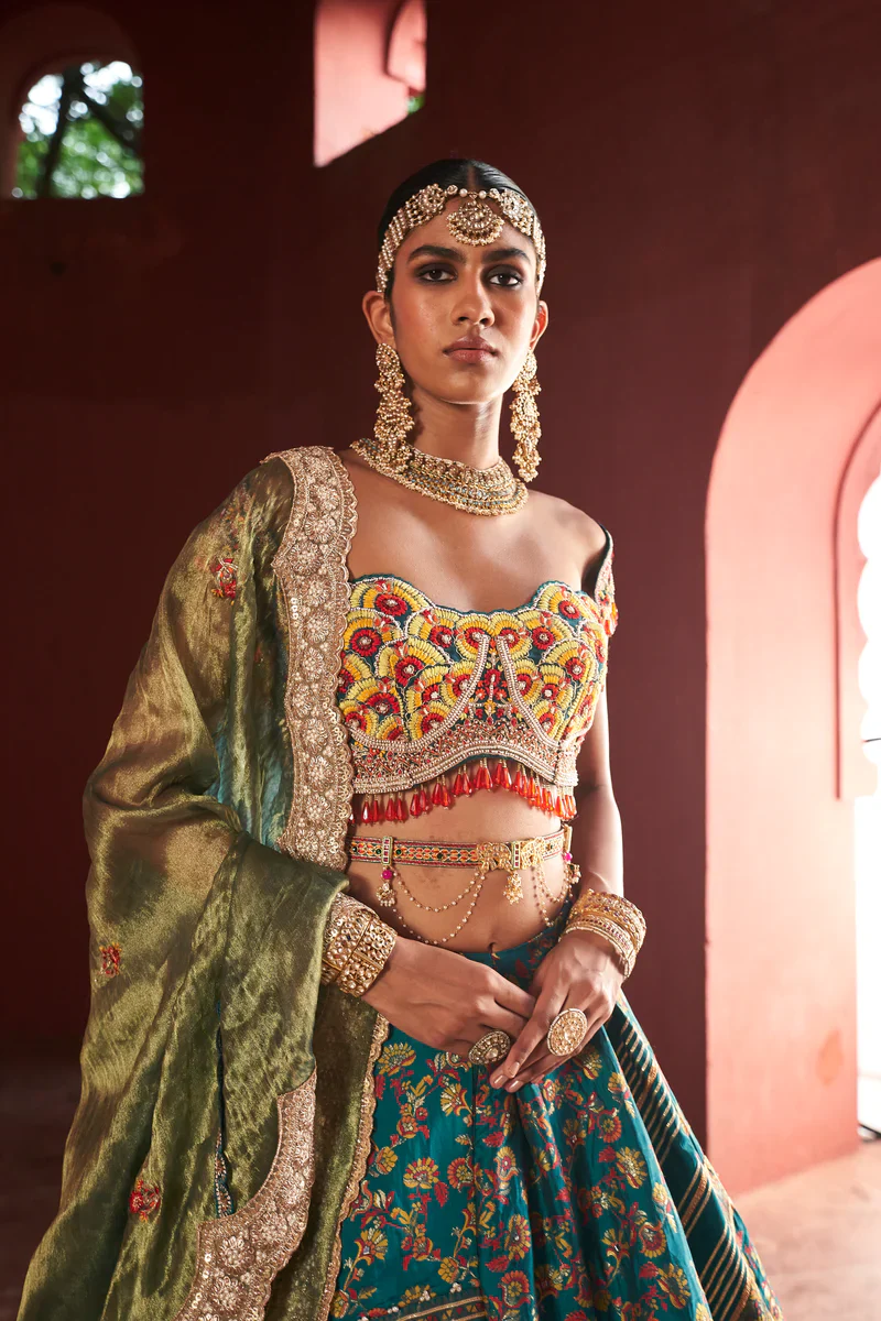 Teal kani Embroidered Lehenga - Image 4