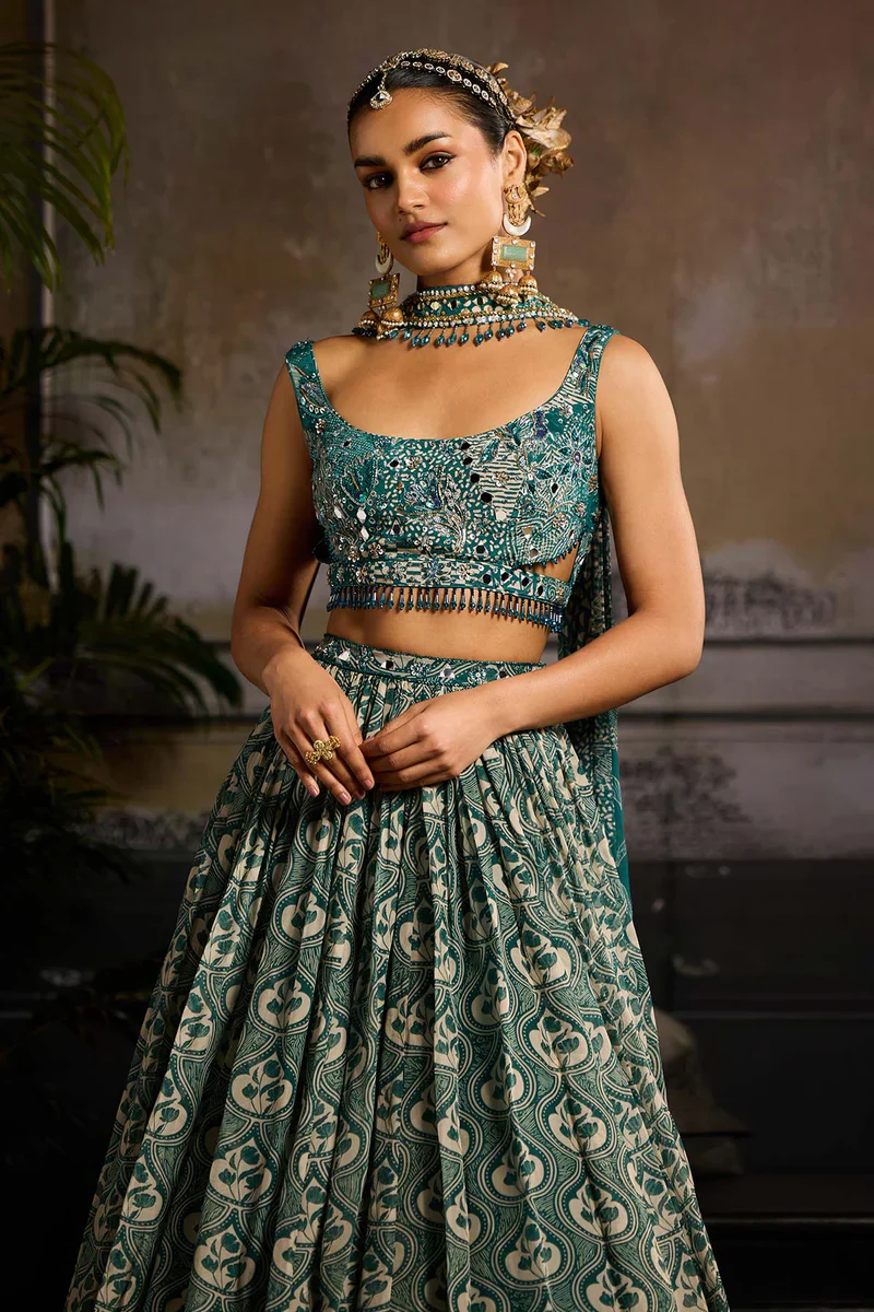 Teal Print and Highlighted Lehenga Set - Image 2