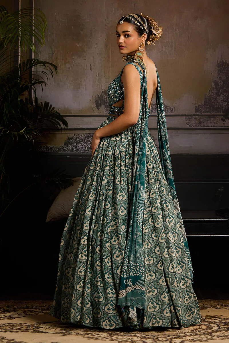 Teal Print and Highlighted Lehenga Set - Image 3