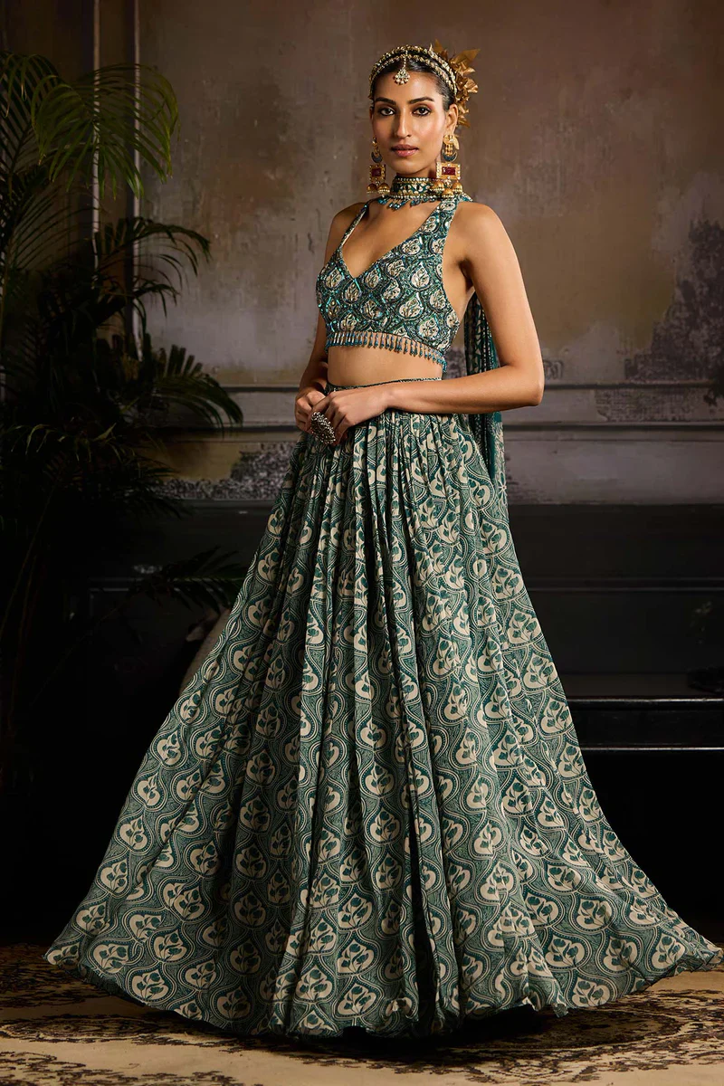 Teal Print and Highlighted Lehenga Set - Image 3