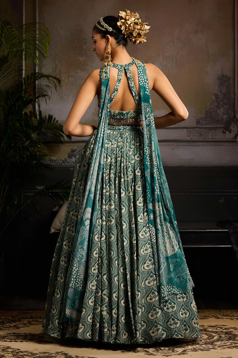Teal Print and Highlighted Lehenga Set - Image 4