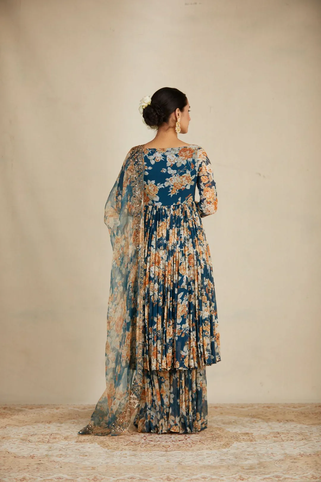 Teal Printed Anarkali Set With Organza Dupatta - Image 2