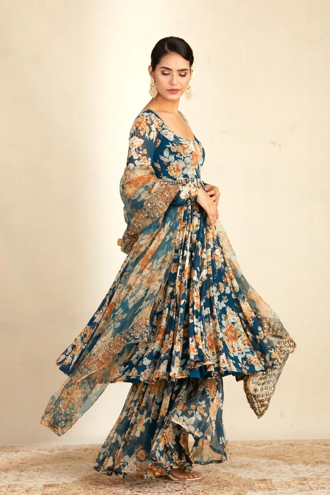Teal Printed Anarkali Set With Organza Dupatta - Image 3