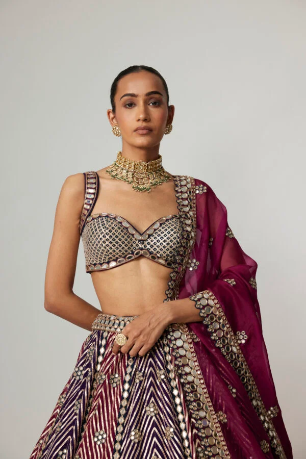 Teal Wine Multicolor Lehenga Set With Dark Double Dupatta - Image 3