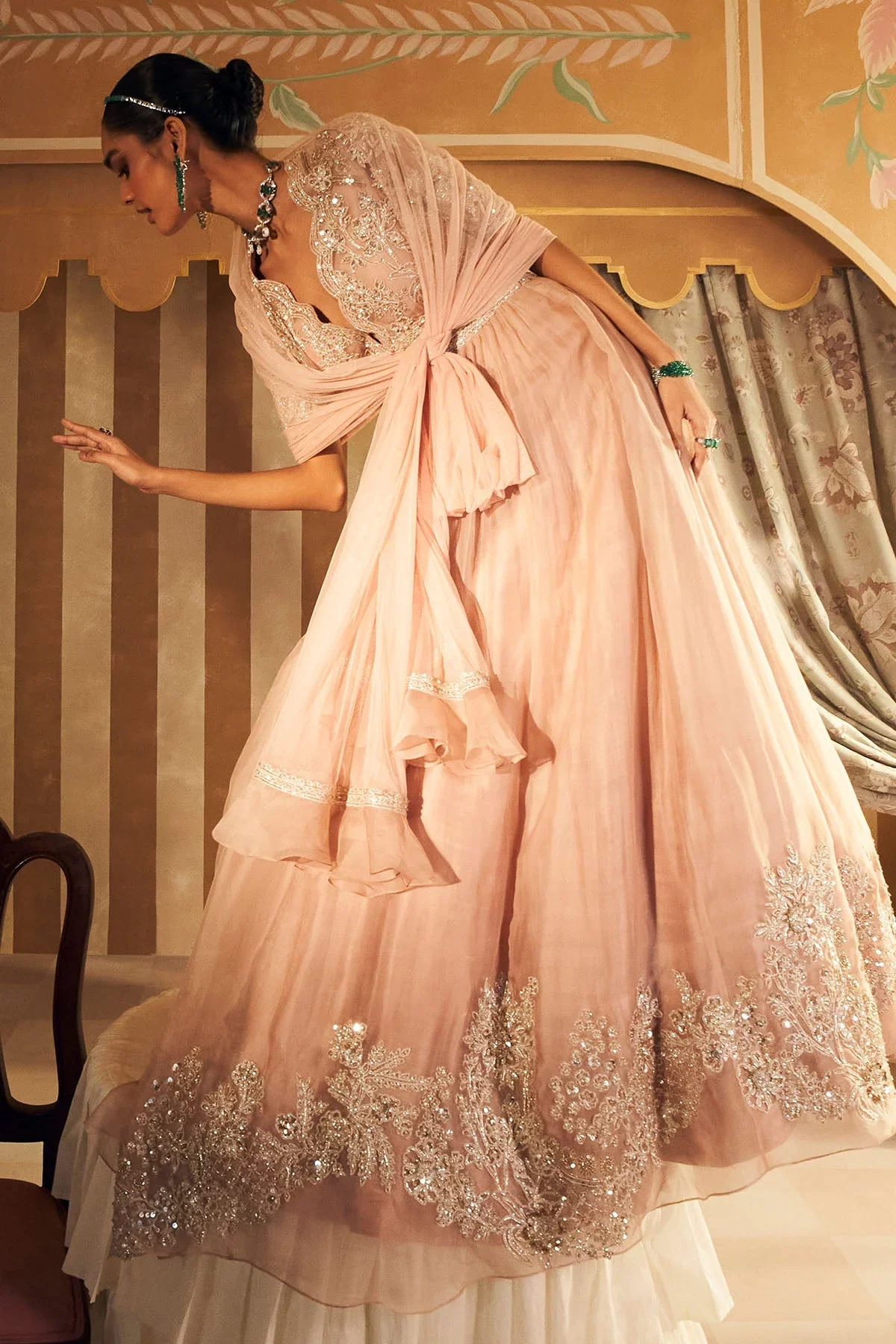Tehseen - Dusky Pink Organza Embroidered Long Anarkali - Image 4