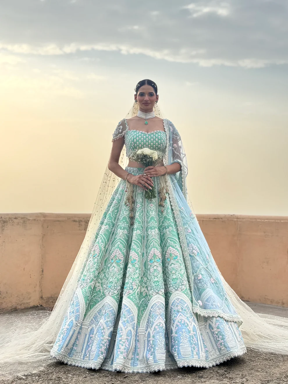 The Elysian Gate - Green & Blue Raw Silk Glass Beads Hand Embroidered Lehenga Set