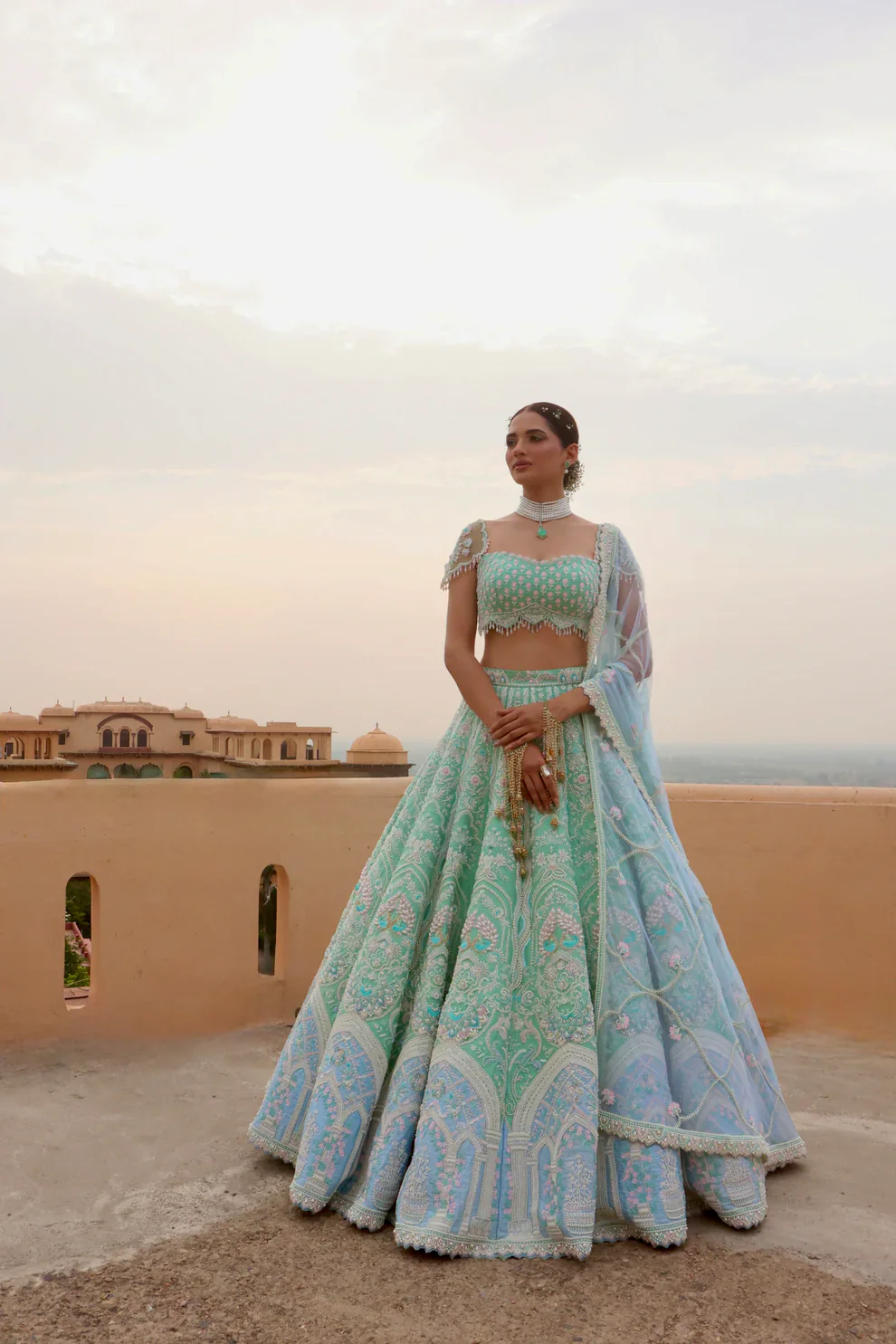 The Elysian Gate - Green & Blue Raw Silk Glass Beads Hand Embroidered Lehenga Set - Image 3
