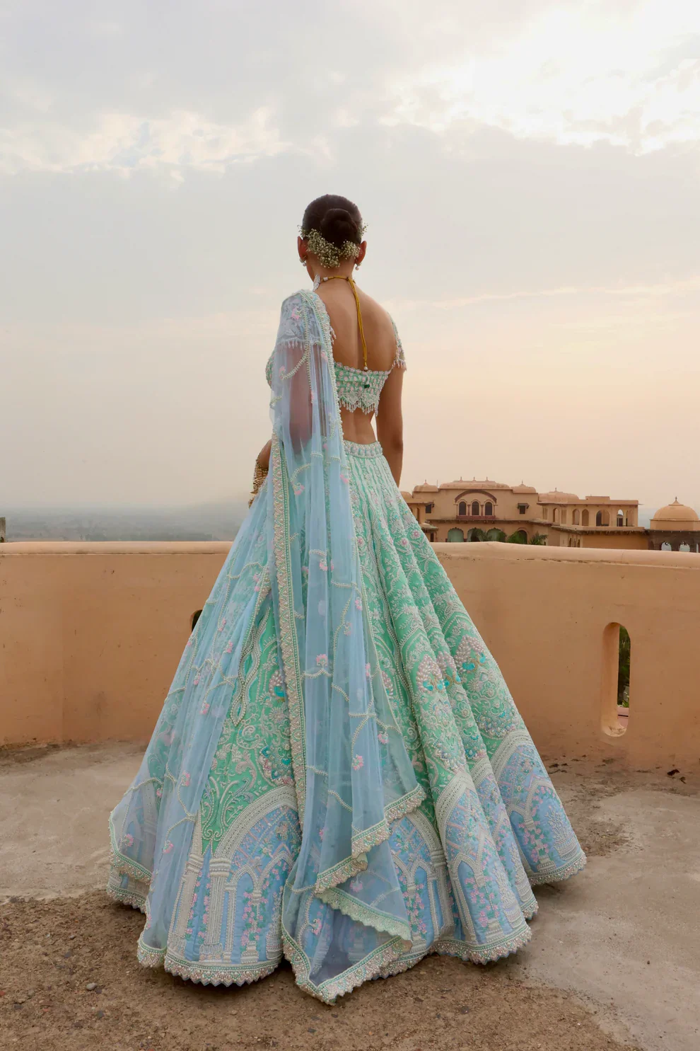 The Elysian Gate - Green & Blue Raw Silk Glass Beads Hand Embroidered Lehenga Set - Image 4