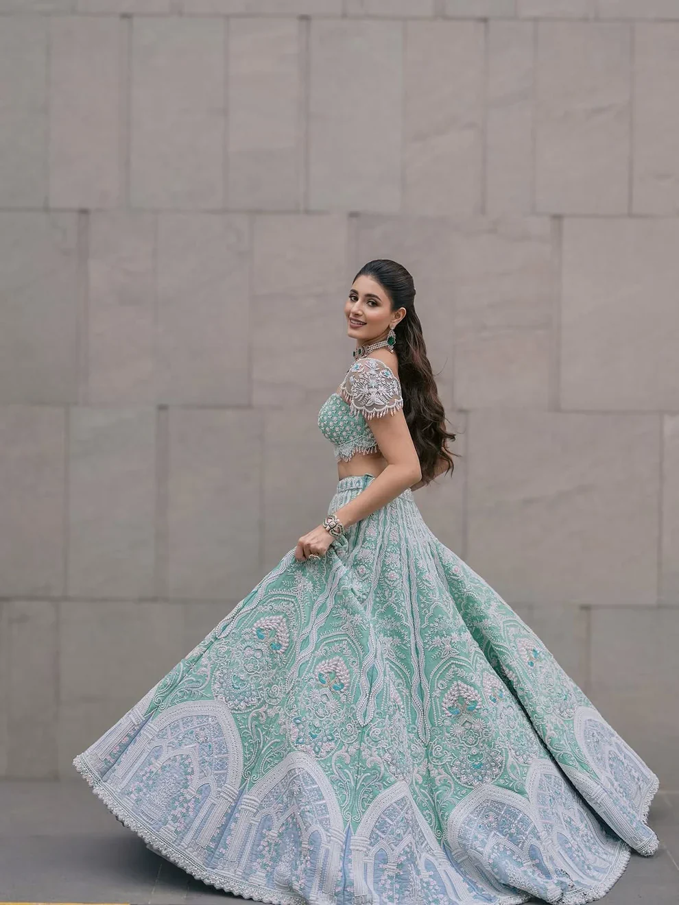 The Elysian Gate - Green & Blue Raw Silk Glass Beads Hand Embroidered Lehenga Set - Image 5