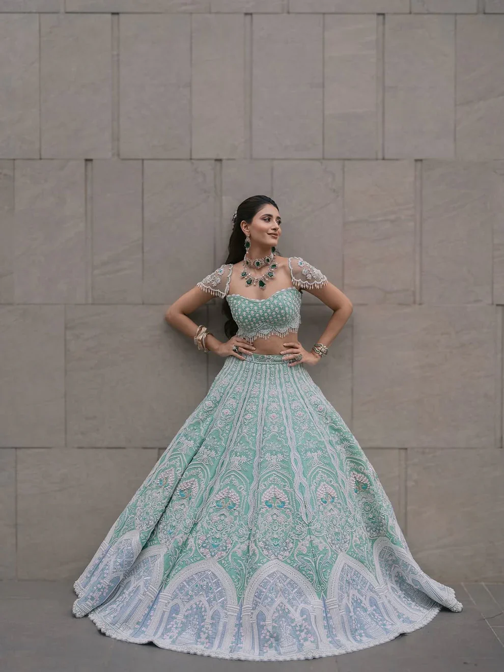 The Elysian Gate - Green & Blue Raw Silk Glass Beads Hand Embroidered Lehenga Set - Image 6
