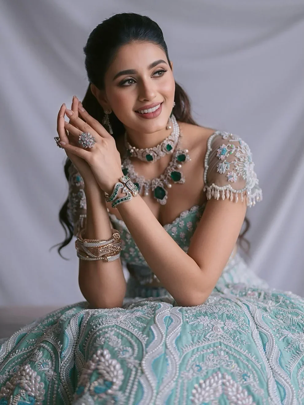 The Elysian Gate - Green & Blue Raw Silk Glass Beads Hand Embroidered Lehenga Set - Image 7