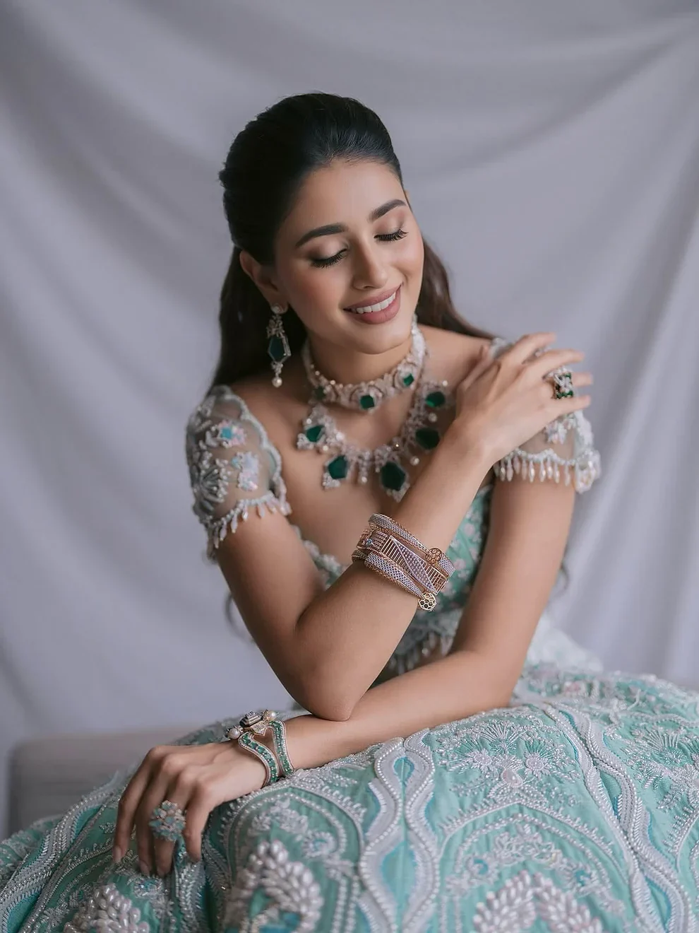 The Elysian Gate - Green & Blue Raw Silk Glass Beads Hand Embroidered Lehenga Set - Image 8