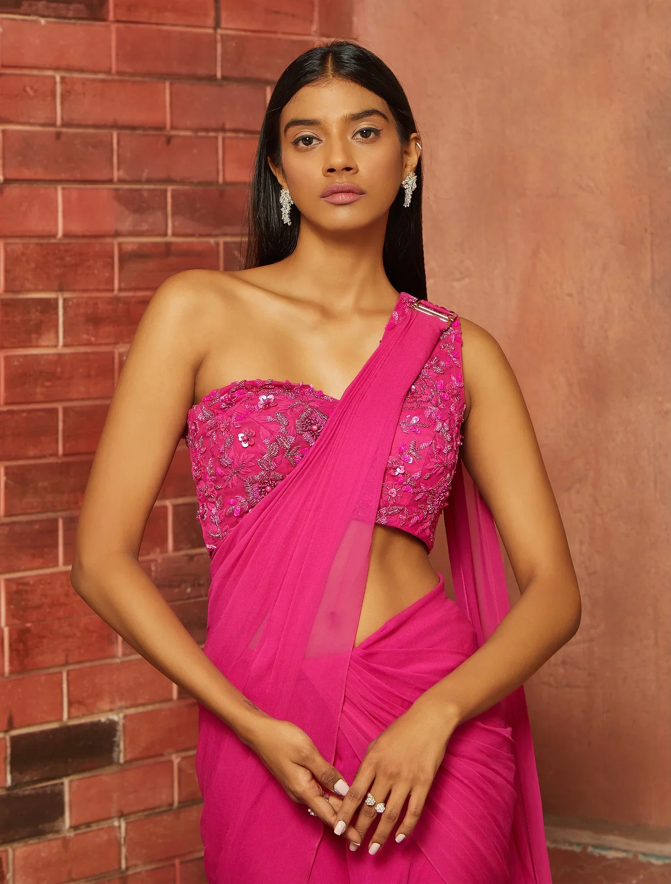THEA - Fuschia Pink Asymmetric Embellished Saree - Image 3