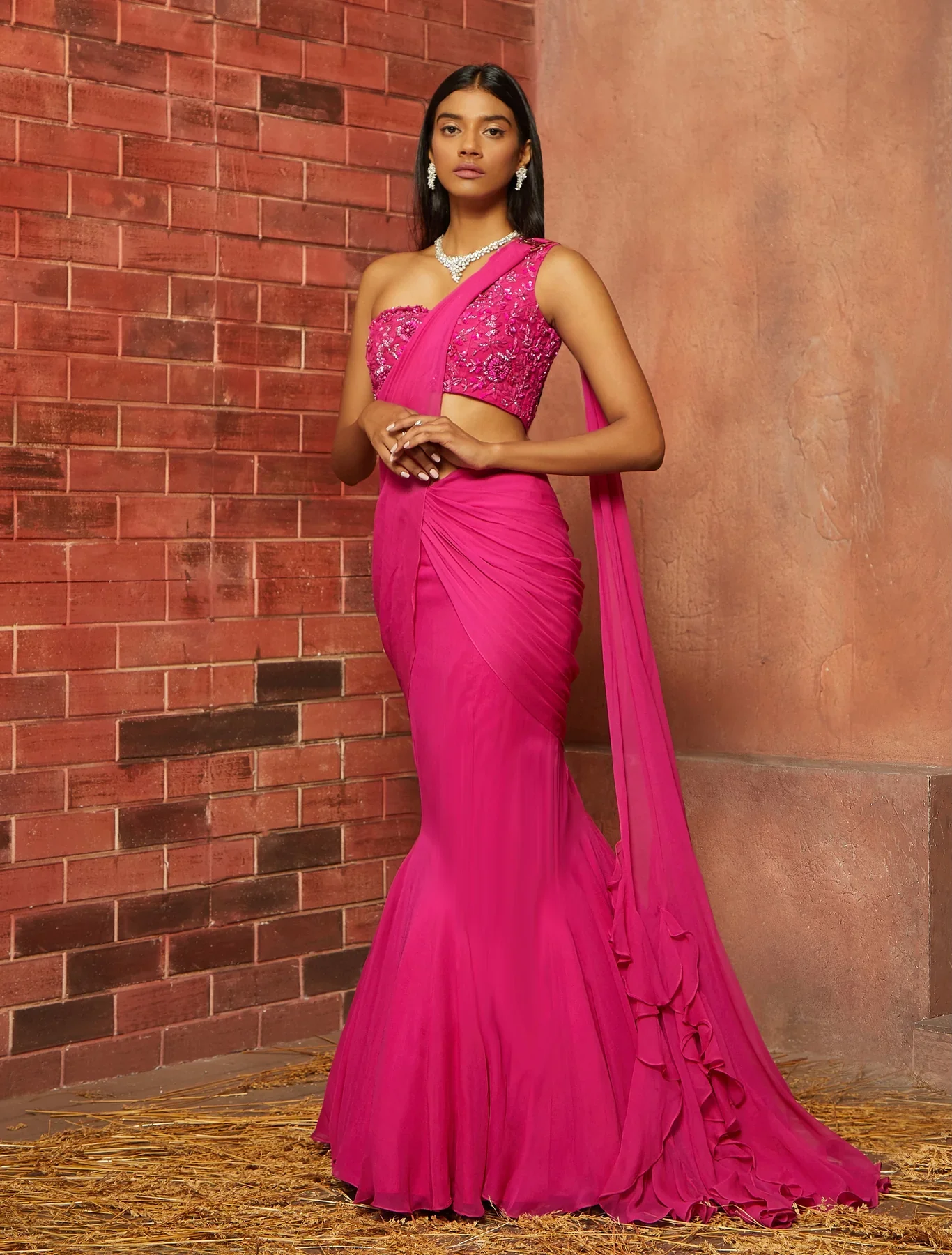 THEA - Fuschia Pink Asymmetric Embellished Saree - Image 4