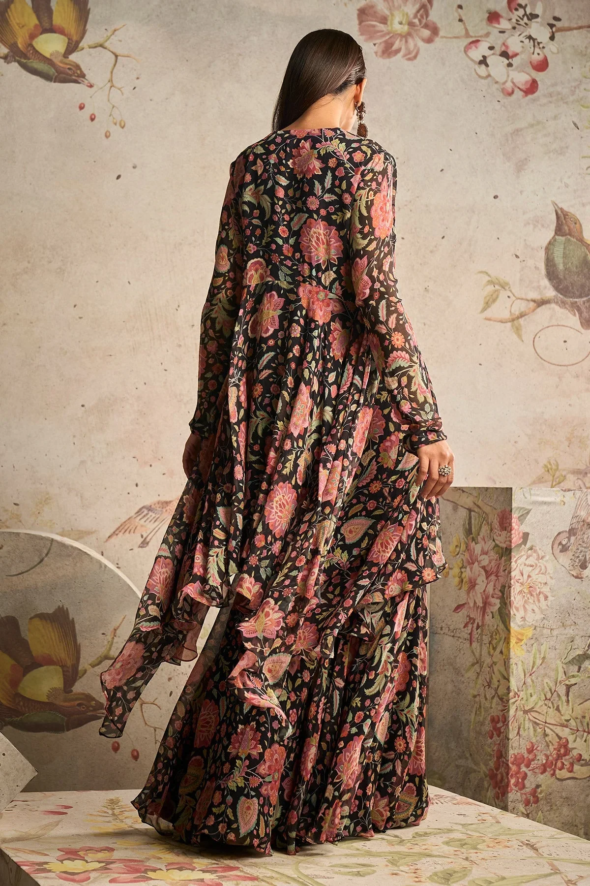 TIMELESS - Black Chiffon Printed Embroidered Gharara - Image 3