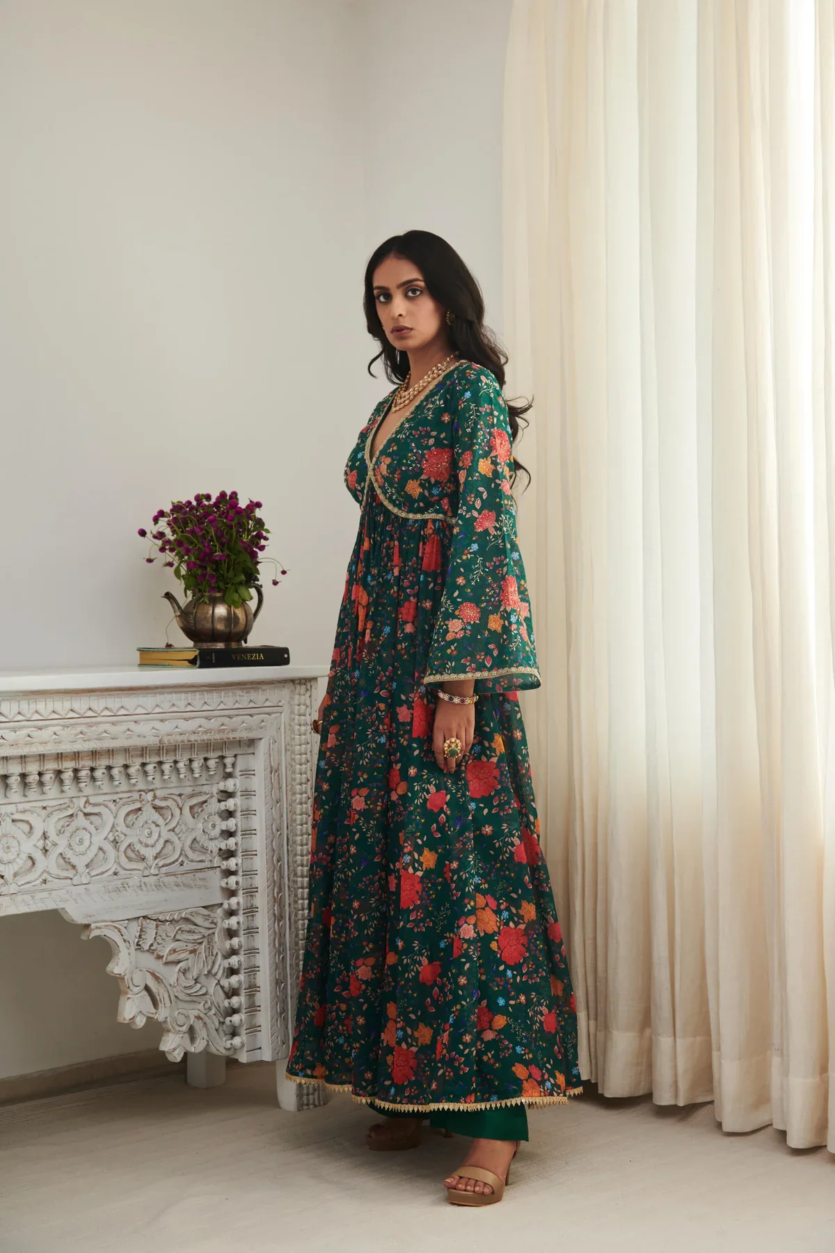 TULSI - Emerald Floral Printed Anarkali - Image 3
