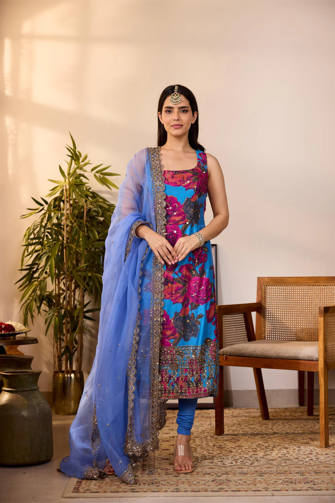 Turquoise Chiffon floral kurti