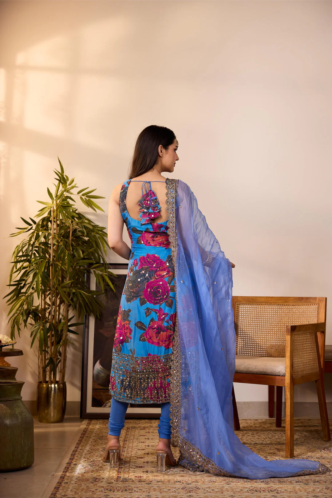 Turquoise Chiffon floral kurti - Image 6