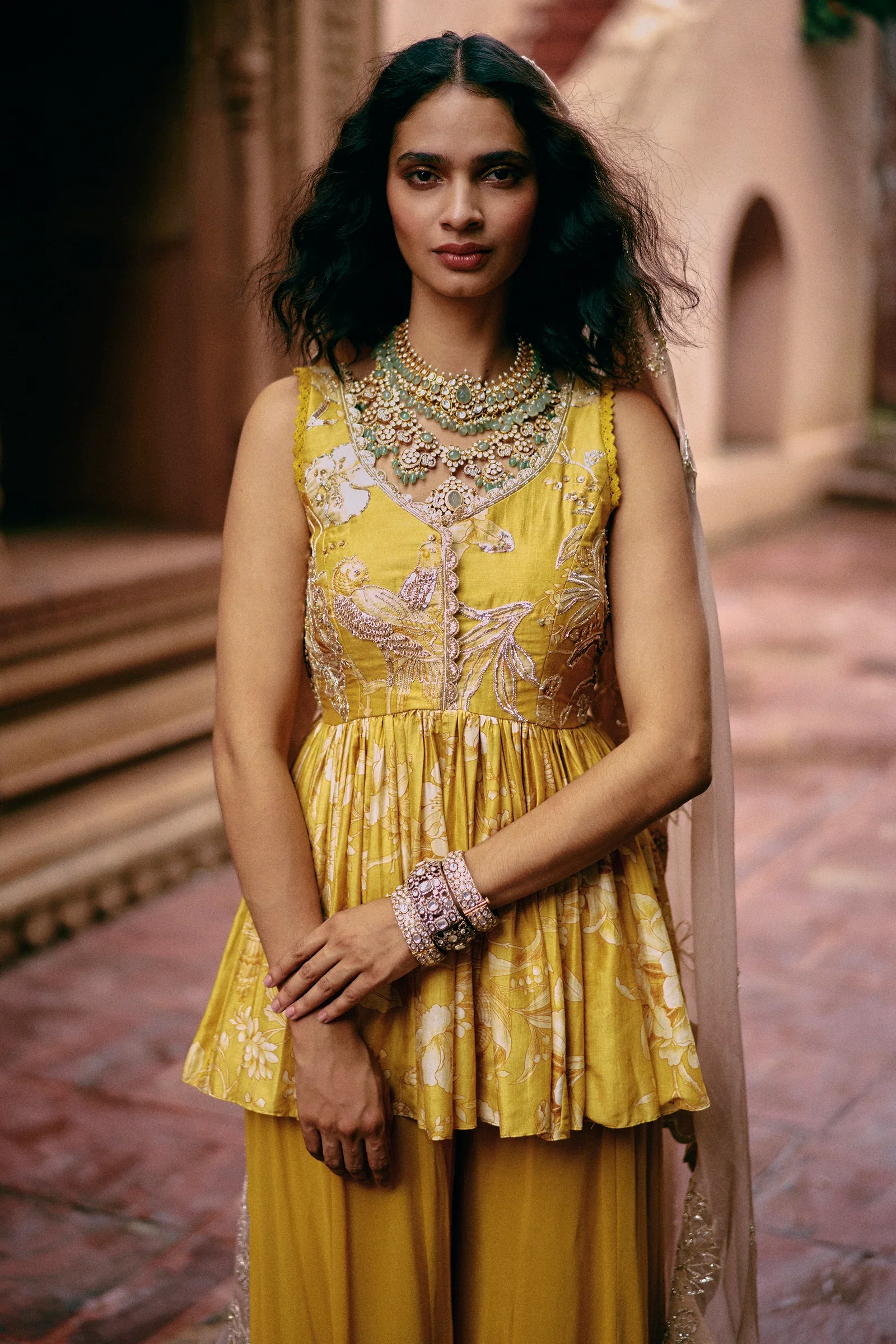 Tuscany Yellow Flip Bird Print Peplum Set - Image 2