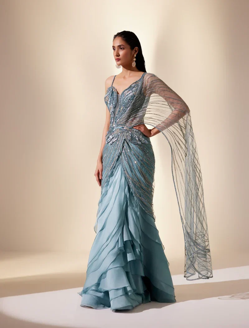 Twilight Teal Stream Saree - Image 4