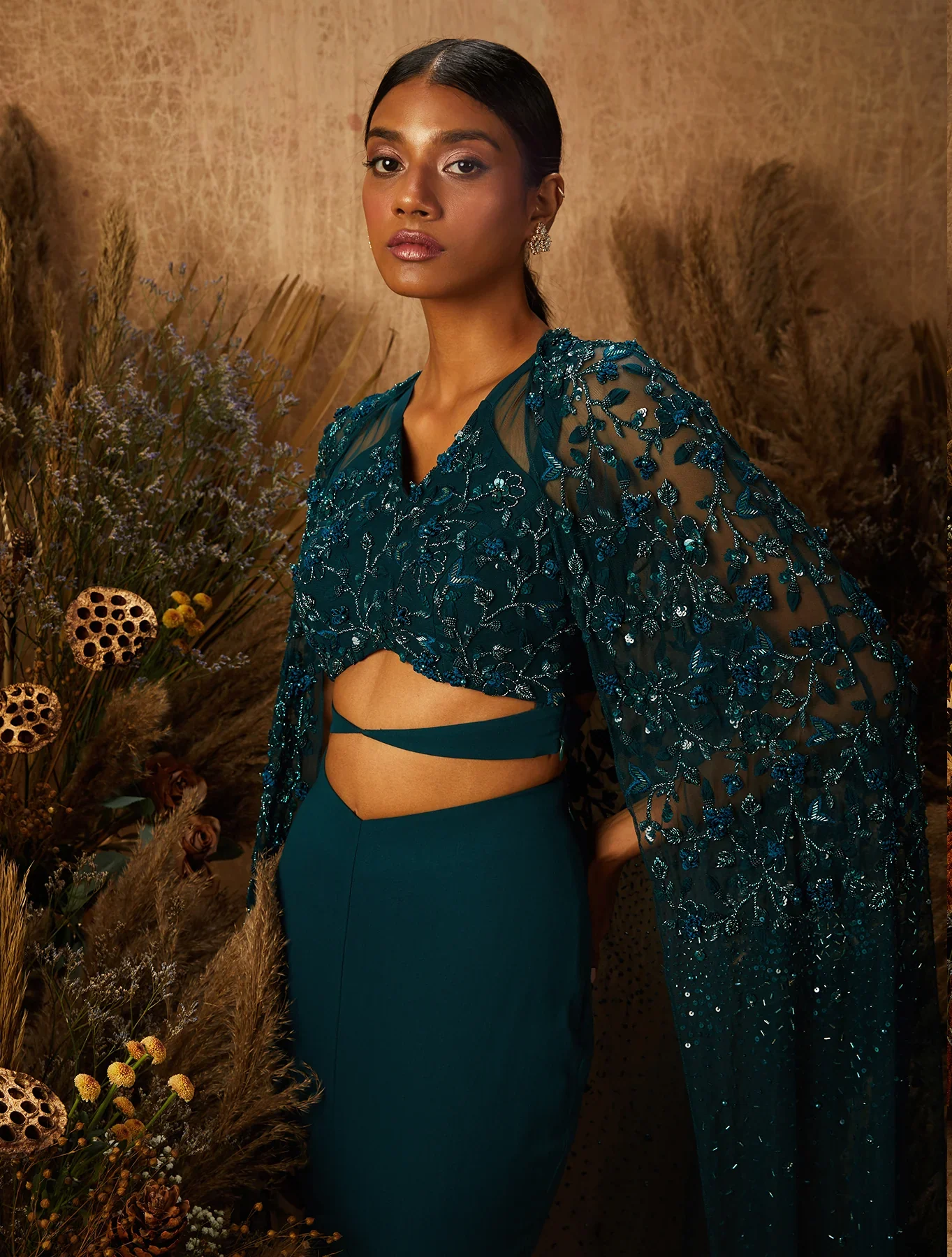 TZARINA - Dark Green Georgette Fish Tail Skirt - Image 3