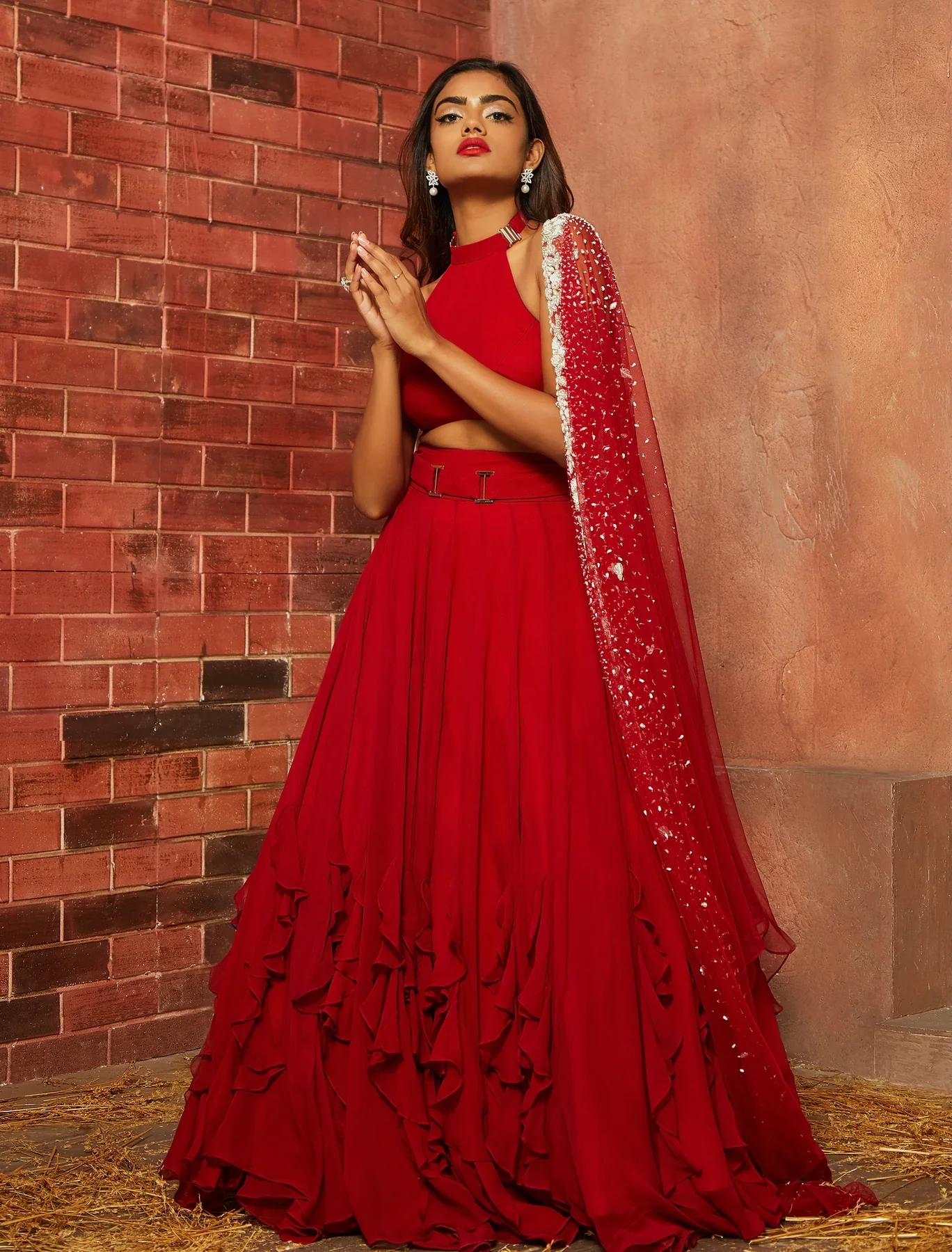VENU - Red Georgette Ruffle Detailed Lehenga