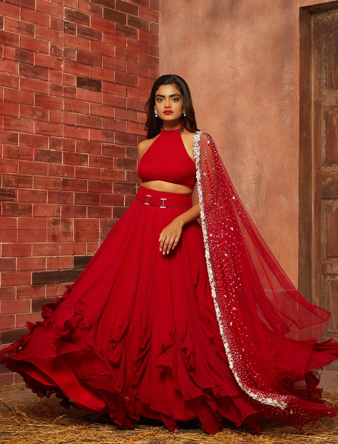 VENU - Red Georgette Ruffle Detailed Lehenga - Image 3