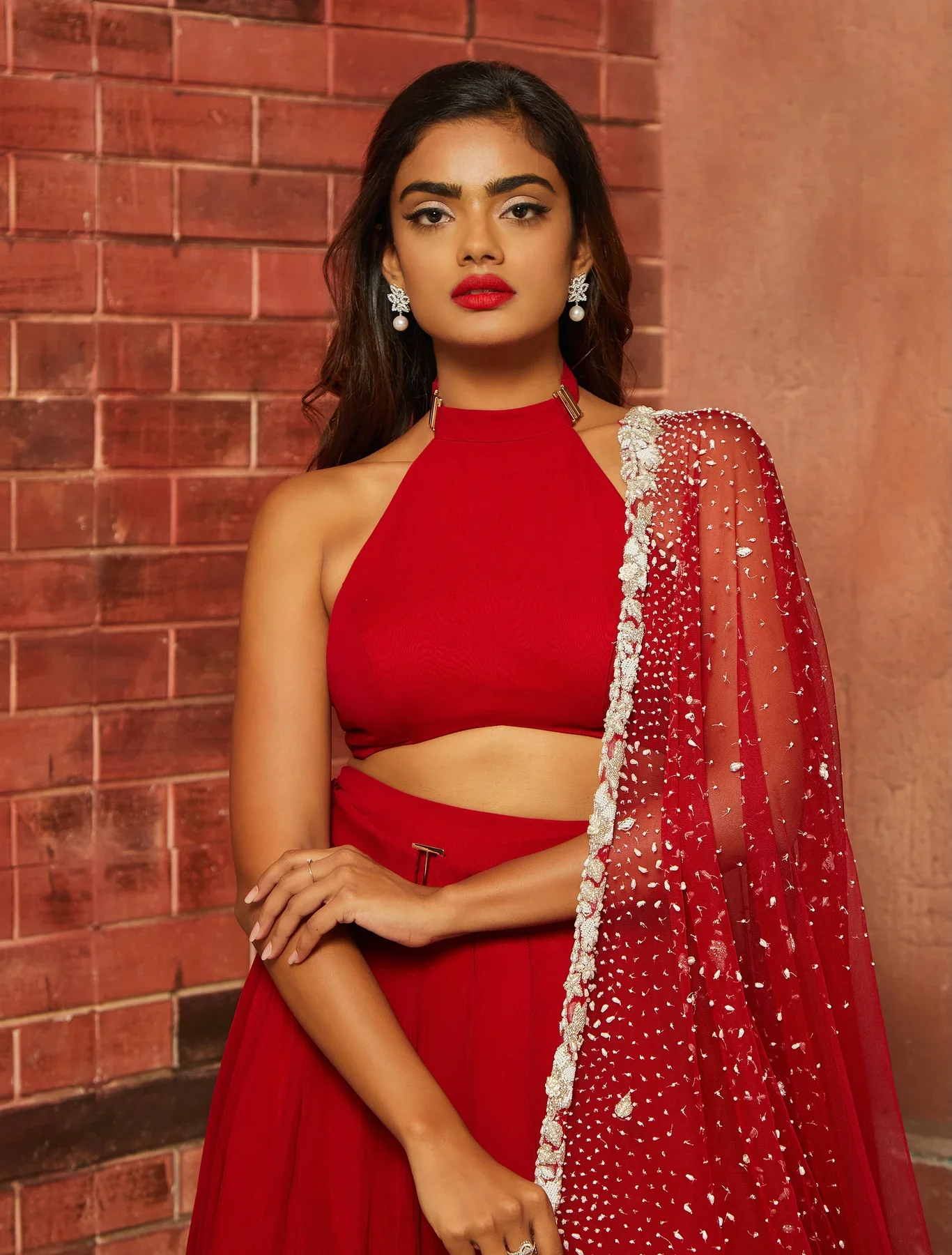 VENU - Red Georgette Ruffle Detailed Lehenga - Image 4