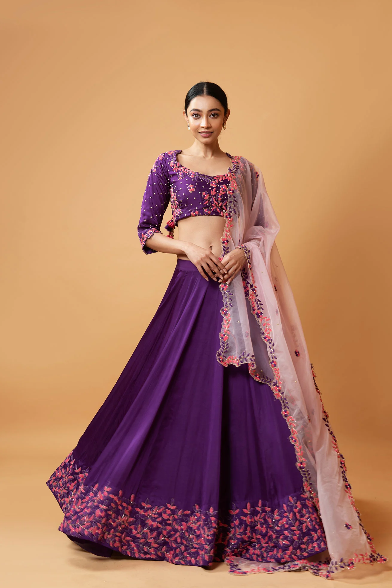 Violet Hand Embroidered Lehenga Set