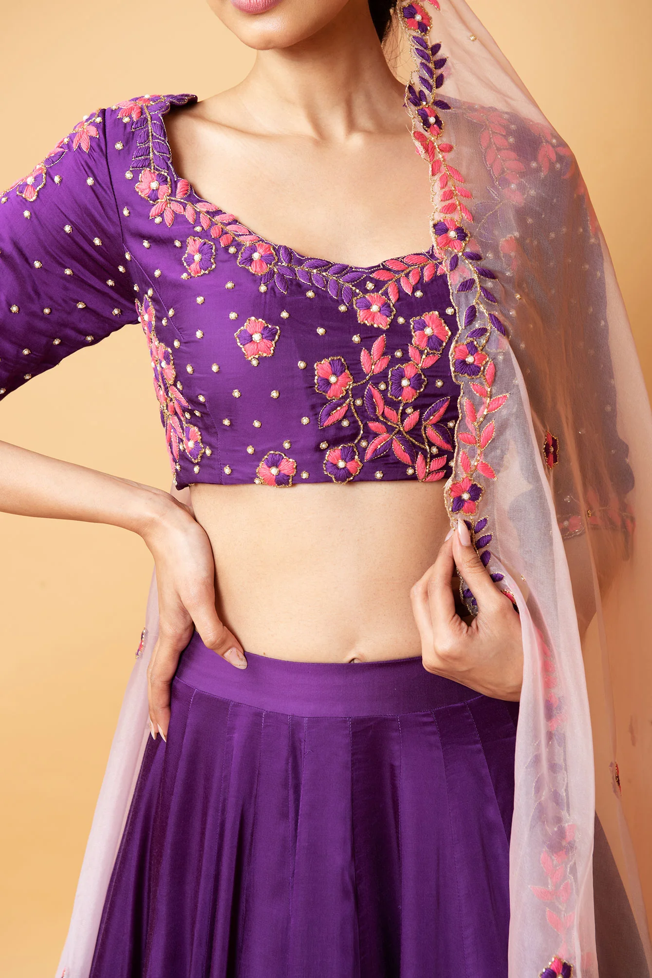 Violet Hand Embroidered Lehenga Set - Image 4
