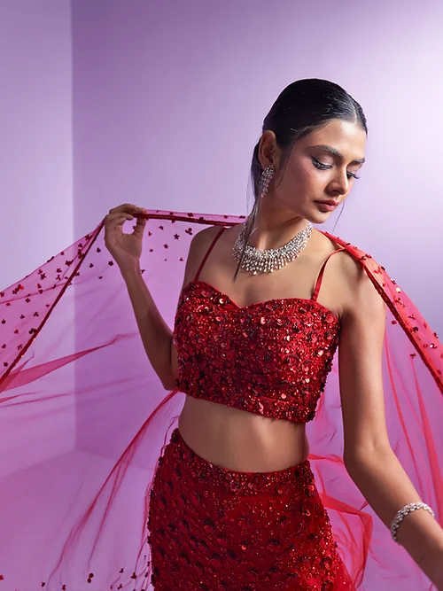 Vivid Crimson Lehenga Set - Image 3
