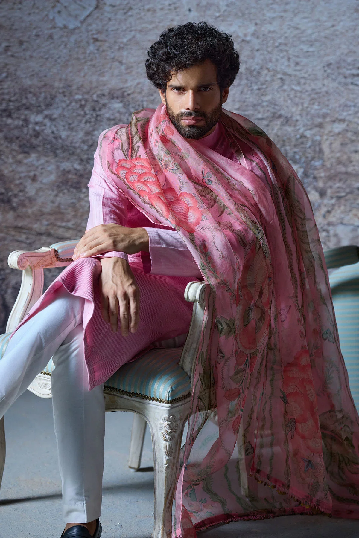 WAKIM - Pintucks Kurta Set with Printed Dupatta - Image 3
