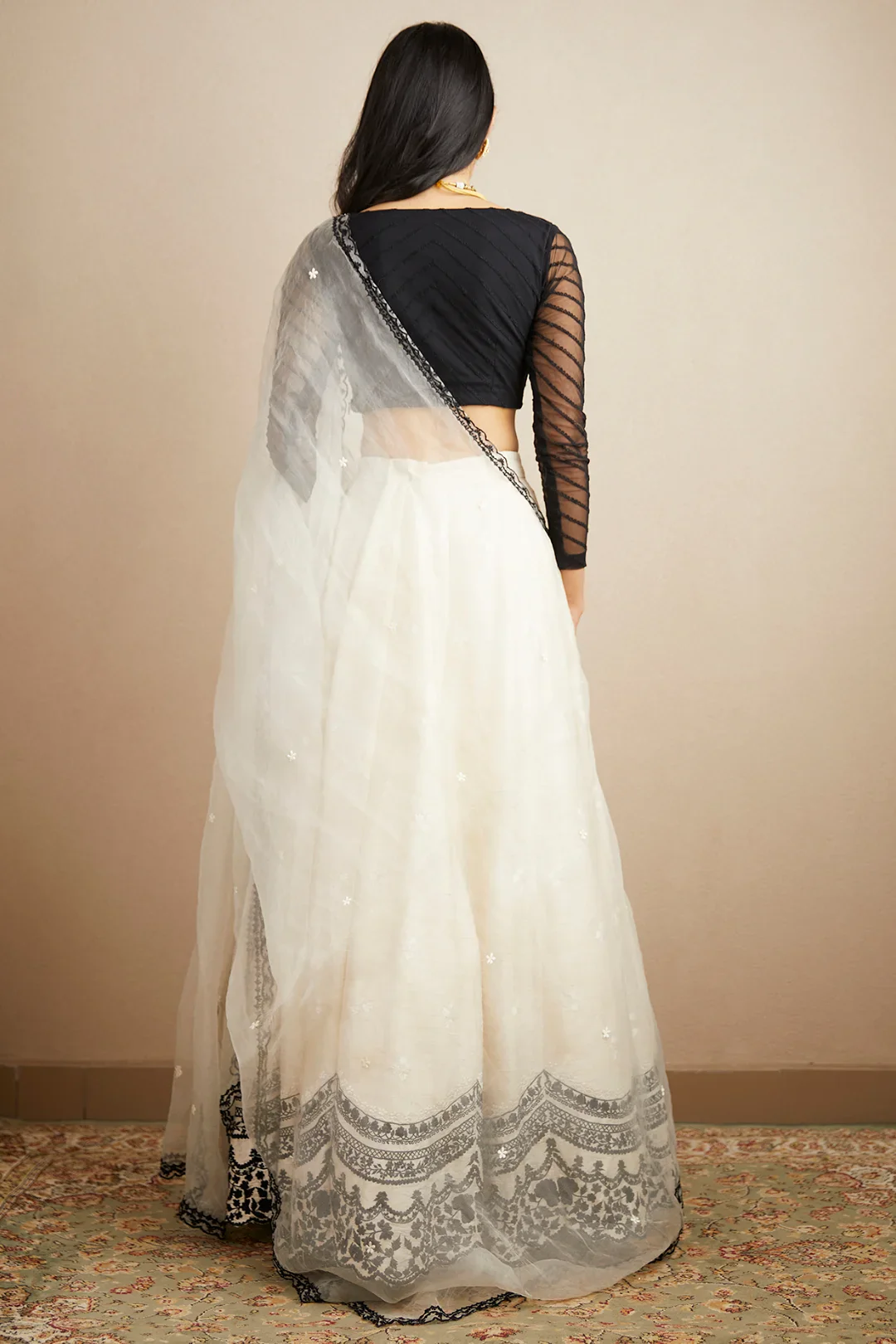 White And Black Raw Silk Lehenga Set - Image 2