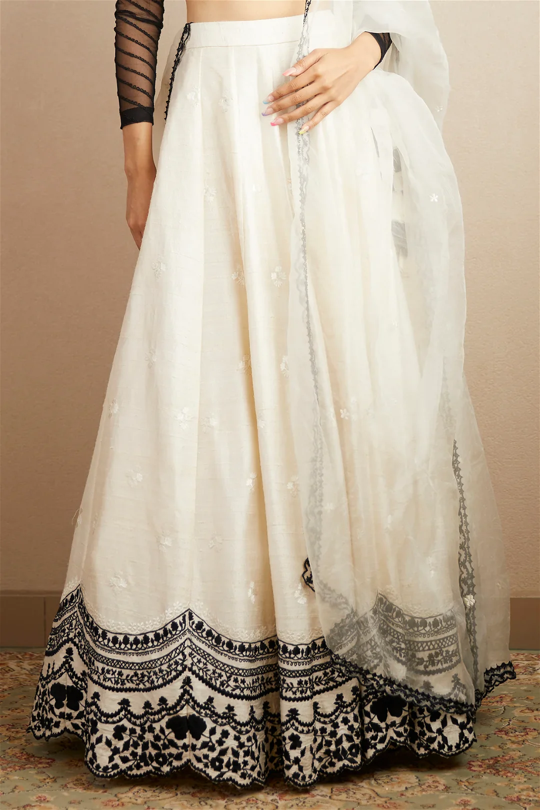 White And Black Raw Silk Lehenga Set - Image 3