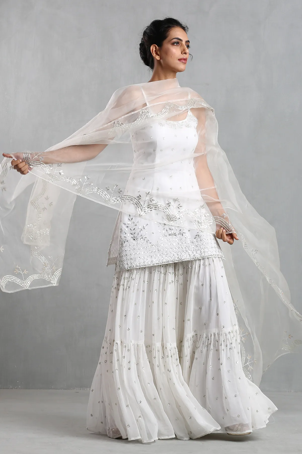 White embroidered spaghetti sharara set