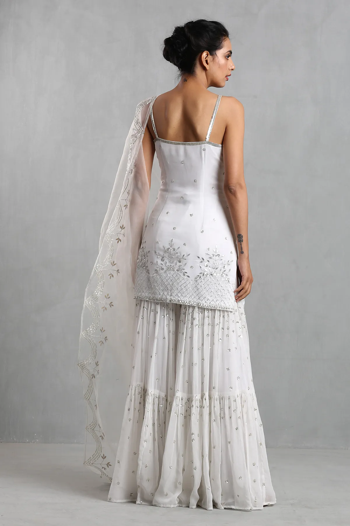 White embroidered spaghetti sharara set - Image 3
