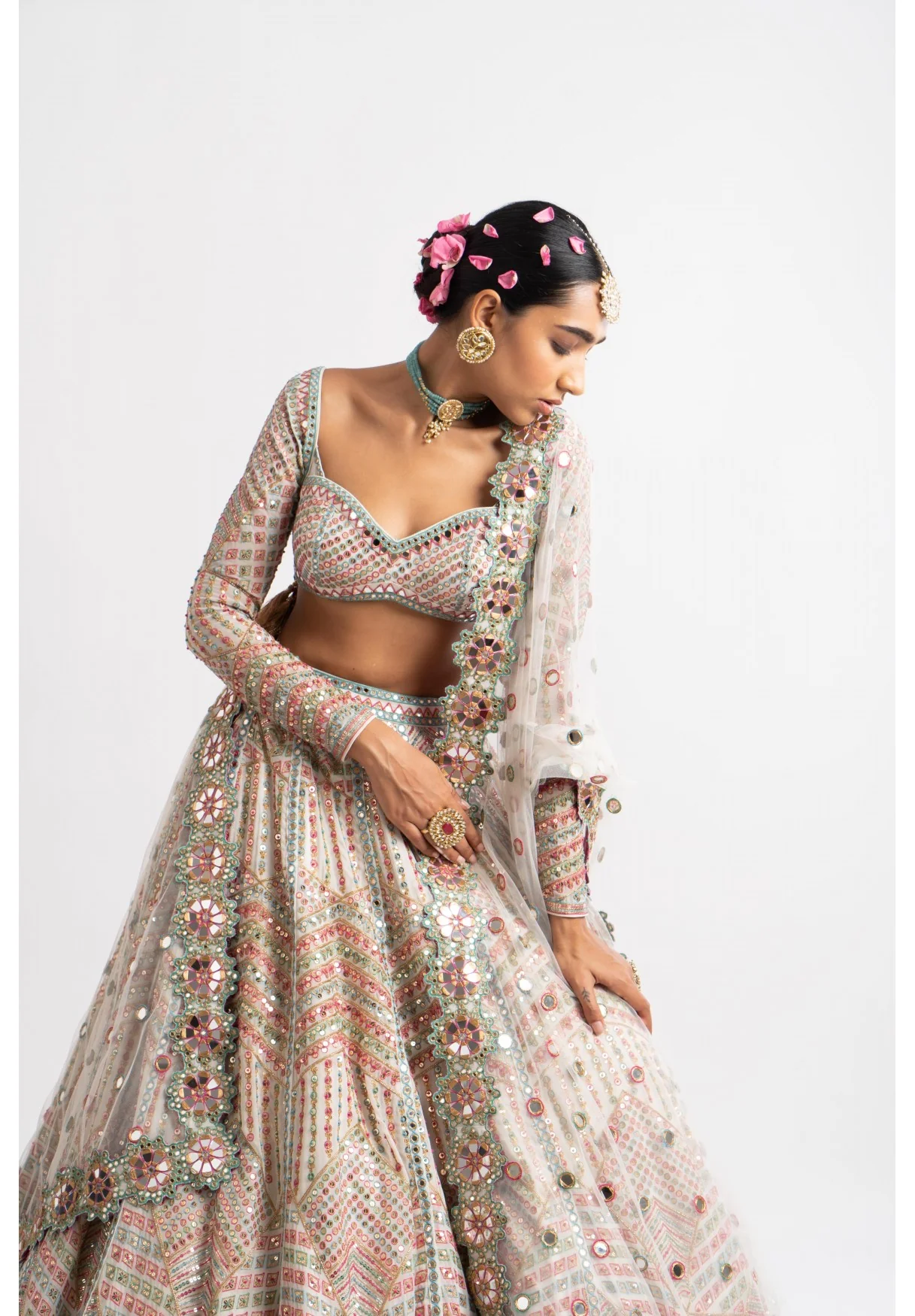 White Heavy Multi Geo Color Lehenga Set - Image 5