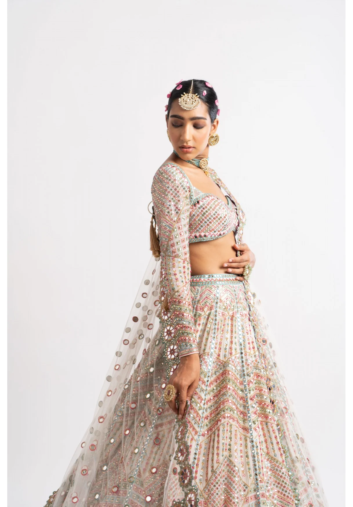 White Heavy Multi Geo Color Lehenga Set - Image 6