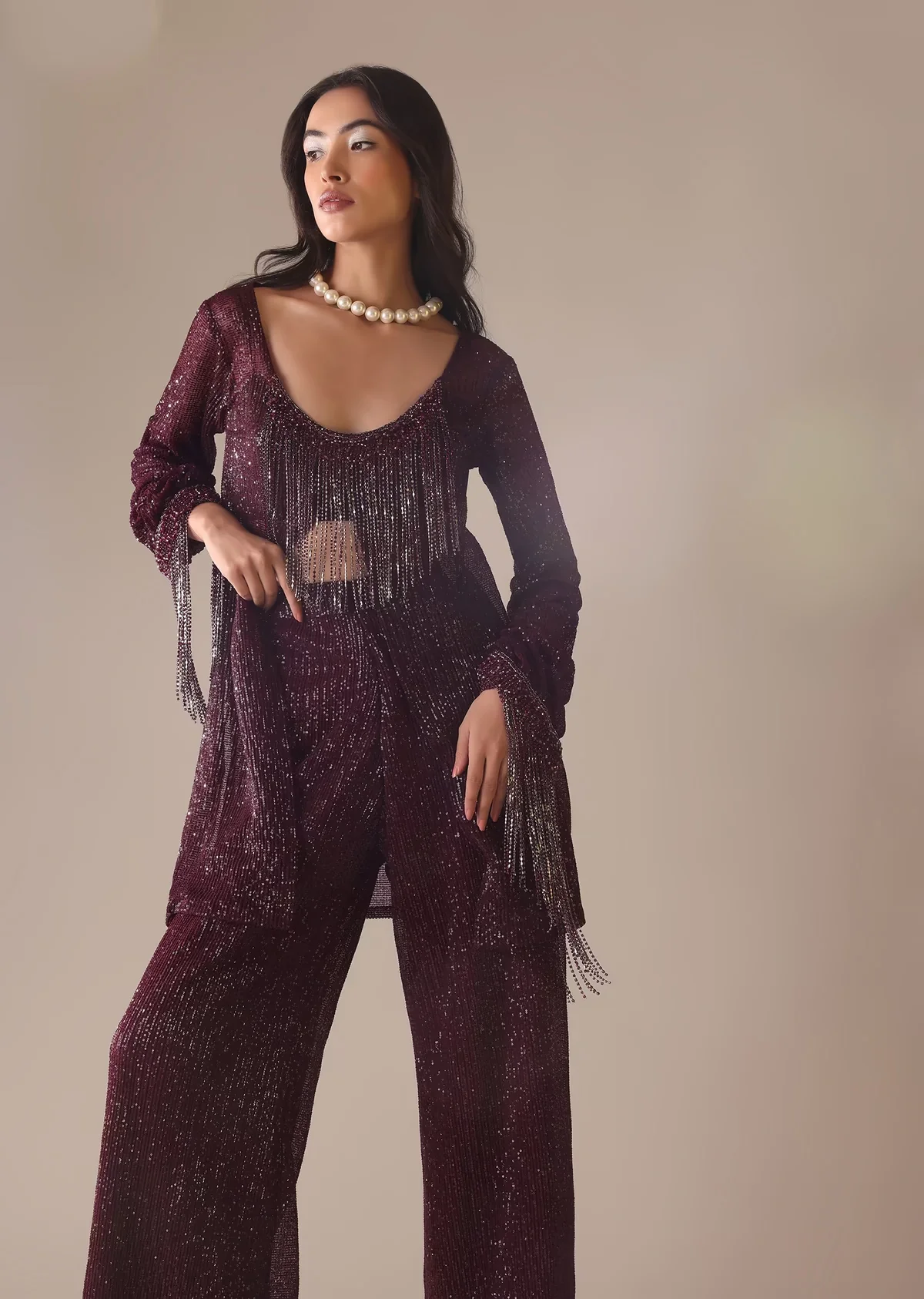 Wine Crop Top And Pant Set In Sequins - Image 2