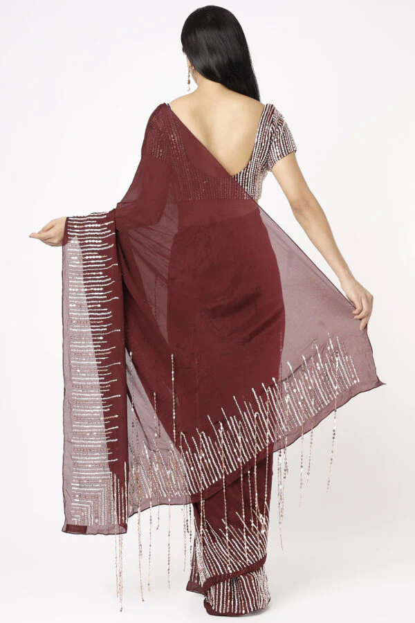 Wine Embroidered Saree Set - Image 2