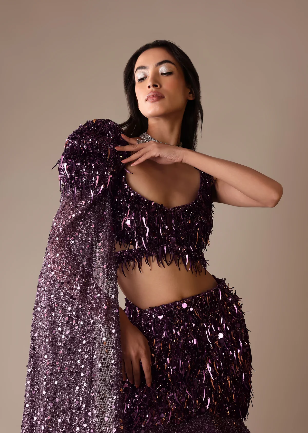 Wine Fish Cut Skirt And Blouse Set With Heavy Embroidery - Image 2