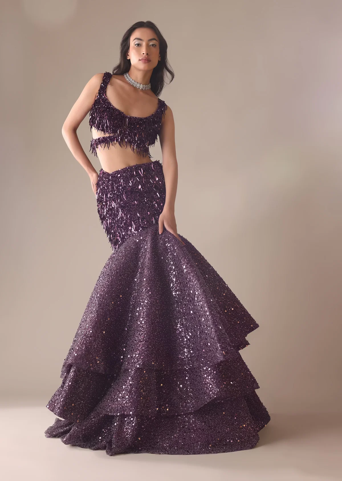 Wine Fish Cut Skirt And Blouse Set With Heavy Embroidery - Image 3