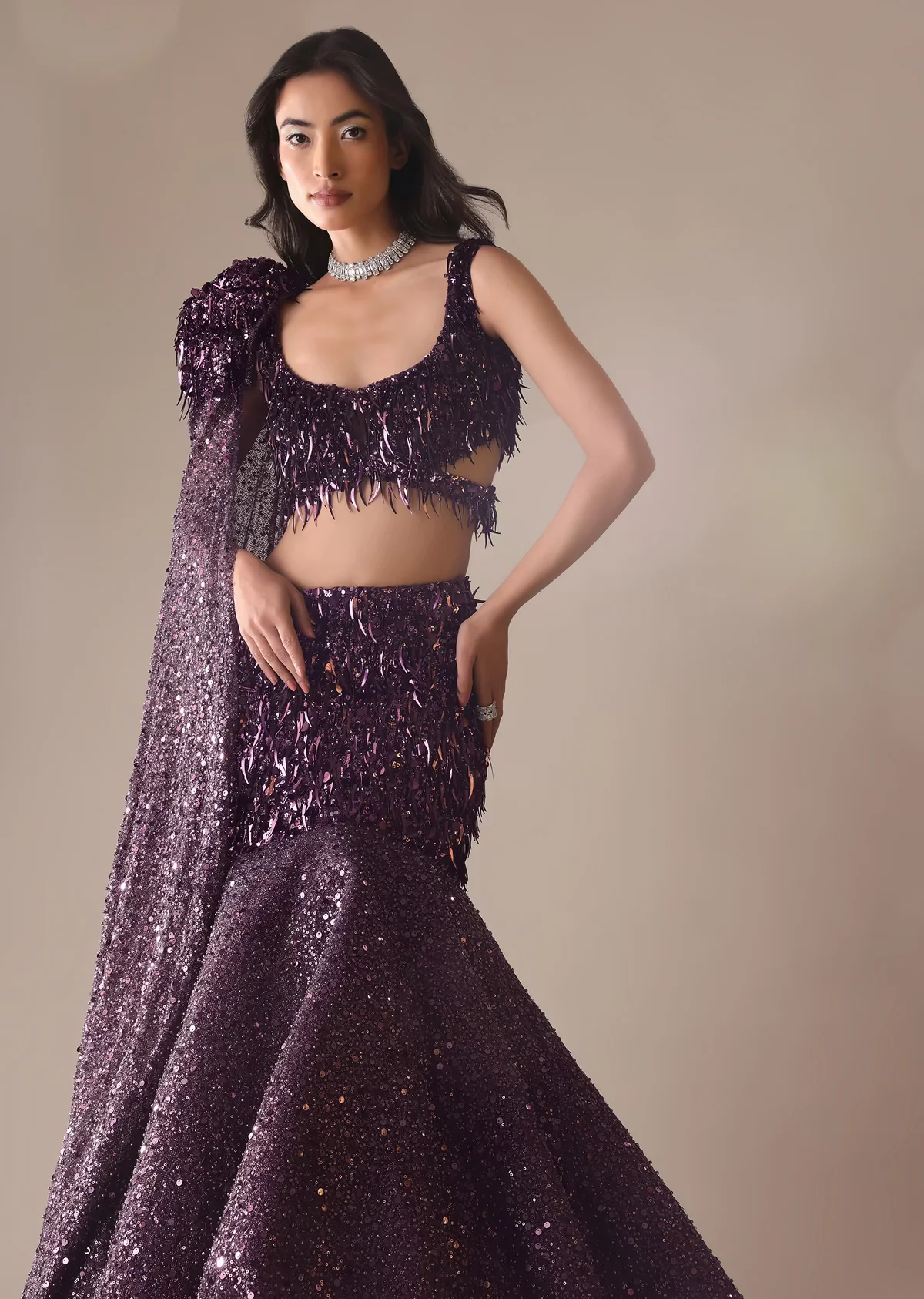 Wine Fish Cut Skirt And Blouse Set With Heavy Embroidery - Image 7