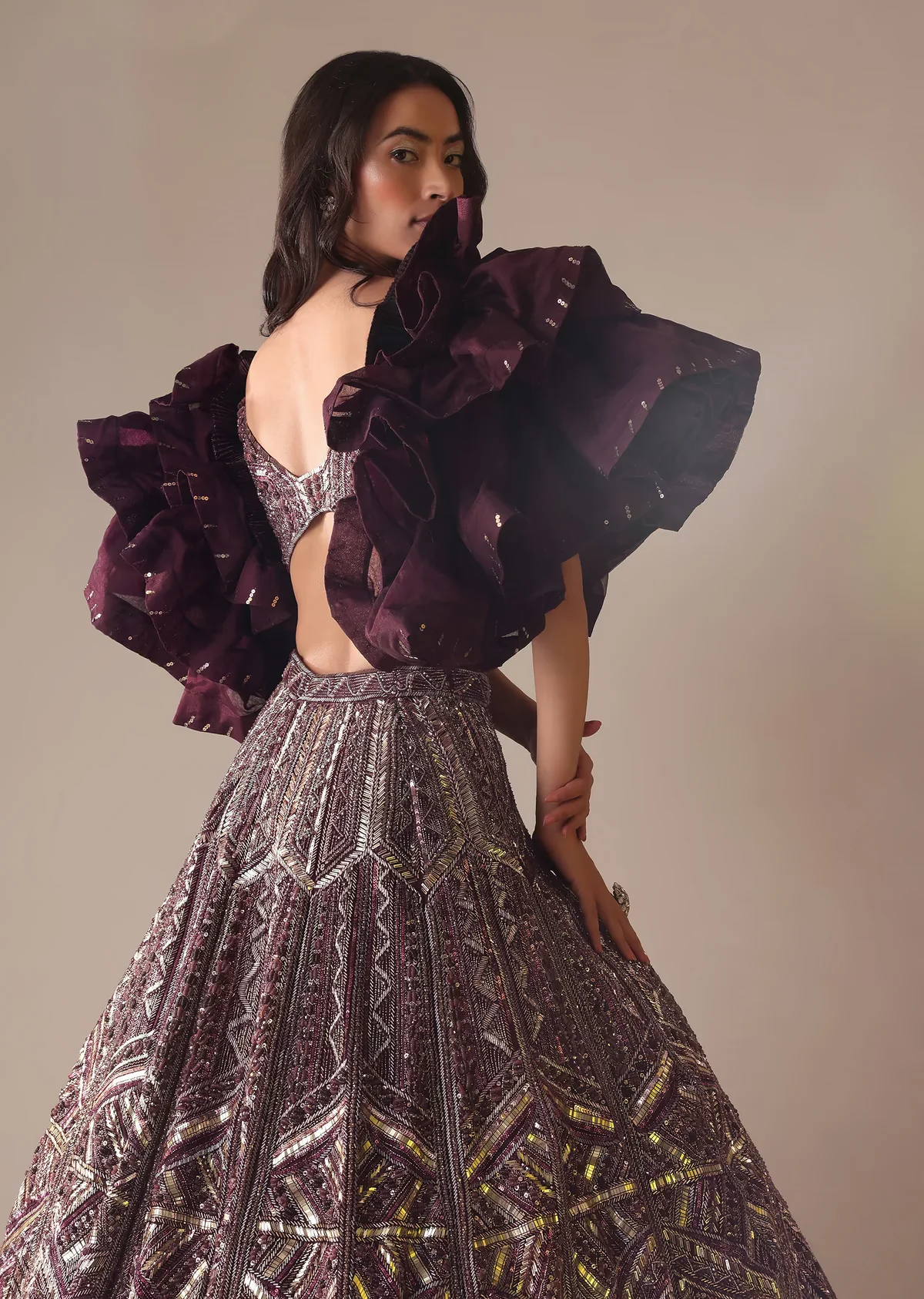 Wine Heavy Embroidered Bridal Lehenga With Long Ruffle Sleeves - Image 3