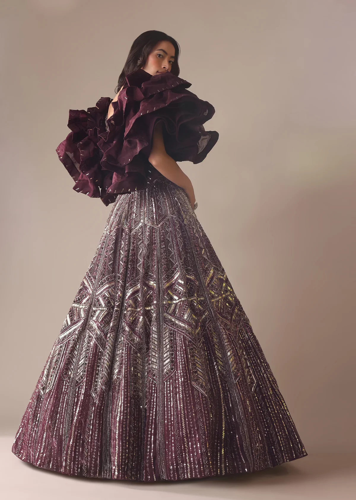 Wine Heavy Embroidered Bridal Lehenga With Long Ruffle Sleeves - Image 4